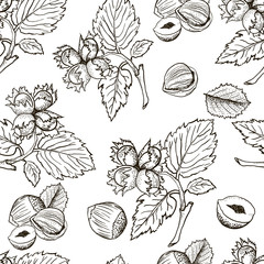 Seamless vector pattern with linear outline hazelnut. Sketches of nuts in vintage style