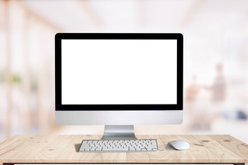 Space of wood table platform over atmosphere around office blur background for product presentation montage.