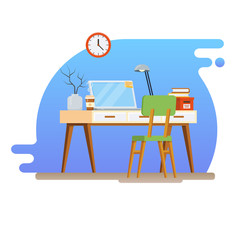 Concept of workplace with computer and office equipment. Flat vector illustration of Creative Workspace