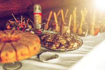 Tables for celebrate with decoration and dishes - food and beverages