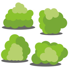 Set of four different cartoon green bushes isolated on white background. Vector illustration
