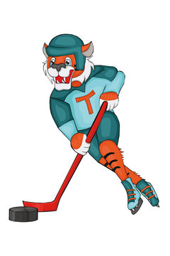 Tiger plays hockey. Cartoon style. Isolated image on white background. Clip art for children.