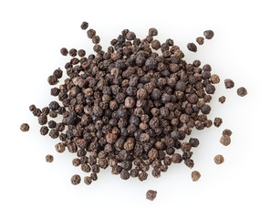 Heap of black pepper corns isolated on white background