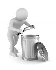 Man with magnifier and garbage basket on white background. Isolated 3D illustration