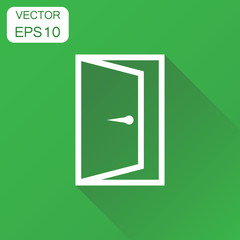 Door icon. Business concept door exit pictogram. Vector illustration on green background with long shadow.