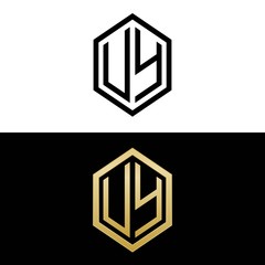 initial letters logo uy black and gold monogram hexagon shape vector