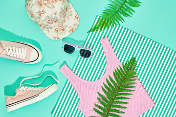 Hipster Girl Accessories Set. Fashion Design Outfit. Green Fern Leaf, Trendy Shoes, fashion Cap...