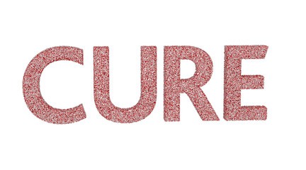 3D render of red and white word CURE make from pills. With clipping path. Isolated on white background