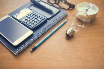 business office tool device on desk wood