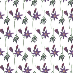 Watercolor seamless pattern, floral background. Green leaves and violet flowers.
