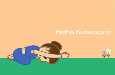 Yoga Cartoon Vector Pose - Ardha Kurmasana