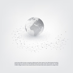 Black and White Modern Style Cloud Computing and Telecommunications Concept Design with Network Connections, Transparent Geometric Wireframe and Earth Globe - Vector Illustration
