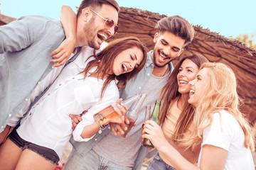 Friends dancing at beach on sunny day