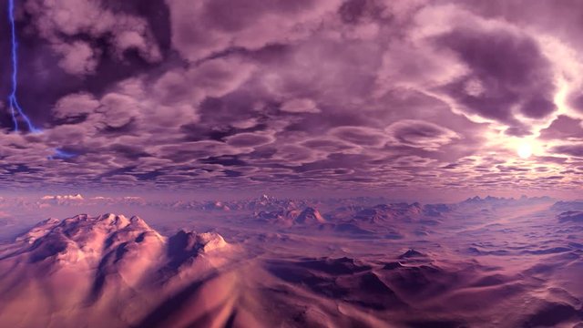 Lightning over the Mountains. In the evening sky floating low heavy clouds. Bright flashes of lightning. Above the horizon sunset.  The mountains stand in a dense fog. All painted in lilac color.