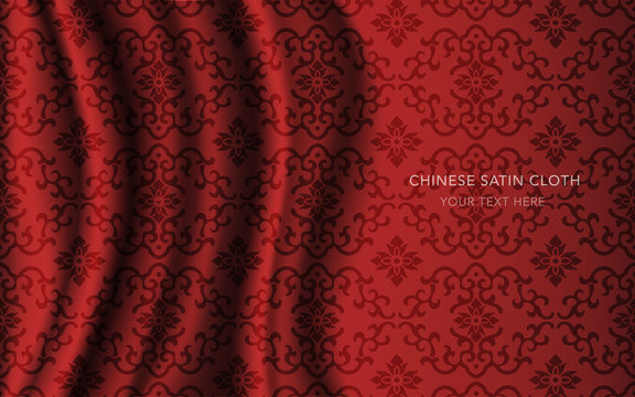 Traditional Red Chinese Silk Satin Fabric Cloth Background wave curve spiral flower cross