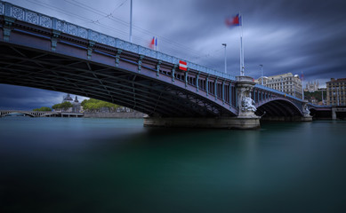 Pont Lafayette over the Rhone river in Lyon during stormy, autumn winds.