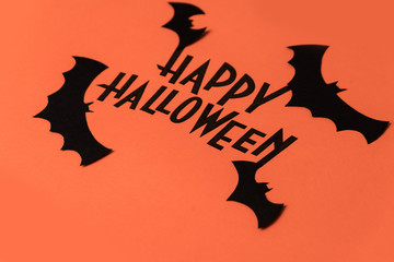 Black logo of Halloween and black bats painted on orange background