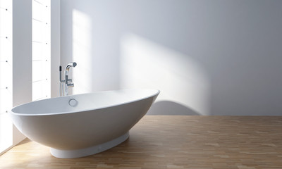 Fototapeta na wymiar White bathtub in minimalist bathroom