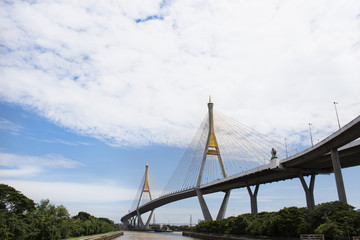 View landscape and cityscape of Amphoe Phra Pradaeng at Bhumibol Bridge with Chao phraya river