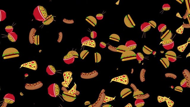different fast food flying on black background seamless loop. fast food concept. food and drinks background. cartoon burgers, pizza, hotdog and noodles animation isolated on black background. 