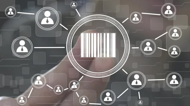 Businessman presses button barcode product in network internet web computer interface.