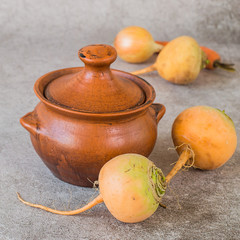 Fresh raw yellow turnip and brown clay pot and  on a gray background. Preparation of steamed turnips.