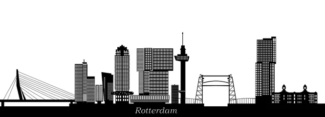 Papier Peint photo Rotterdam toits de rotterdam avec hôtel, points de repère erasmusbridge et architecture moderne