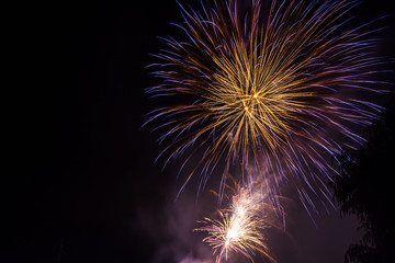 Celebration fireworks over night sky copy space. Celebration colorful fireworks. Beautiful...