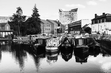 Birmingham, UK. Boats moored in the evening