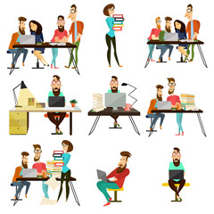 Vector office team cartoon characters icons set