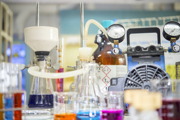 Chemical Filtration Kit by Vacuum Pump..Close up Focus on Buchner funnel.