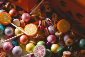 High angle view of sweet food by boxes