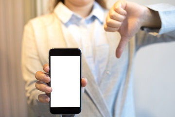 Finace woman holding phone show bad product markting online from social media in gadget smart phone statistics  bad sales white isolated