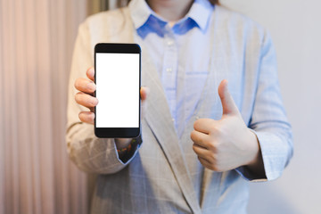 Business woman holding phone show statistics income from business company in gadget smart phone present confirm investor rich  success white isolated