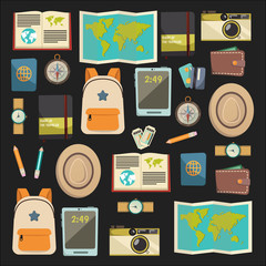 Flat vector web banners set on the theme of travel , vacation, adventure. Time for journey. Top view. Outfit of modern traveler. Vector objects isolated on background.