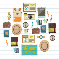 Fototapeta premium Flat vector web banners set on the theme of travel , vacation, adventure. Time for journey. Top view. Outfit of modern traveler. Vector objects isolated on background.