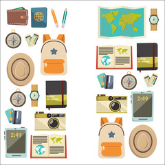 Fototapeta premium Flat vector web banners set on the theme of travel , vacation, adventure. Time for journey. Top view. Outfit of modern traveler. Vector objects isolated on background.