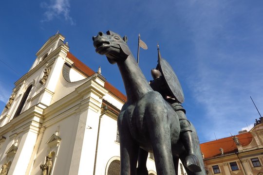 Equestrian Statue of Margrave Jobst of Luxembourg astride a horse in front of Church of St. Thomas in Brno, Czech Republic, Southern Moravia
