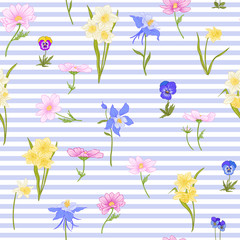 Seamless pattern with daffodils, anemones, violets in botanical 