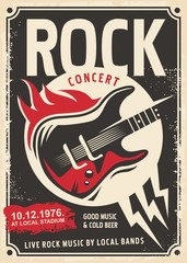 Rock music retro poster design with electric guitar and fire flames on old paper texture.
