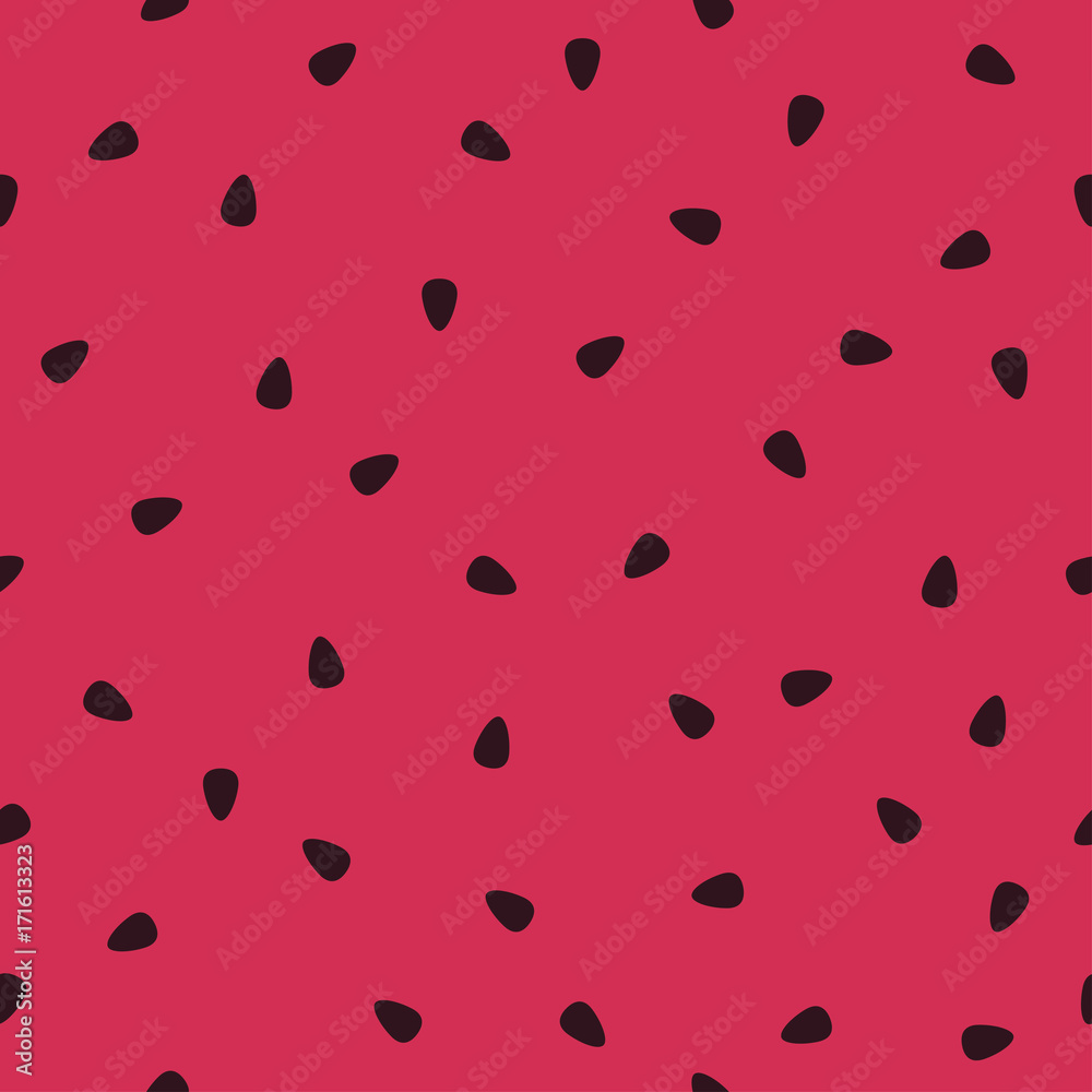 Poster watermelon seamless pattern. red background with black seeds. vector illustration.