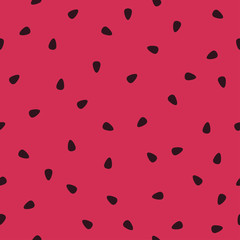 Watermelon seamless pattern. Red background with black seeds. Vector illustration.