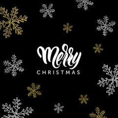 Merry Christmas lettering and snowflakes doodle on black background.