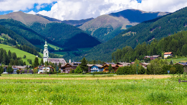 view of Dobbiaco), little town in the Puster Valley, Italy.
