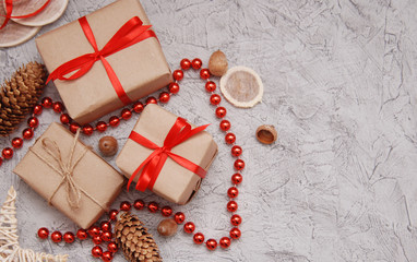 many gifts wound kraft paper, branches ate on a table