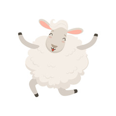 Cute happy white sheep character jumping vector Illustration