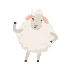 Cute white sheep character waving its hand, funny humanized animal vector Illustration