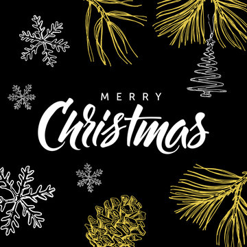 Merry Christmas modern calligraphy lettering and doodle on black background.