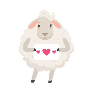 Cute white sheep character holding paper with hearts, funny humanized animal vector Illustration