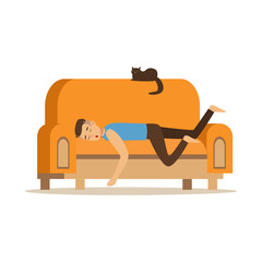 Young man sleeping on orange sofa, relaxing person vector Illustration